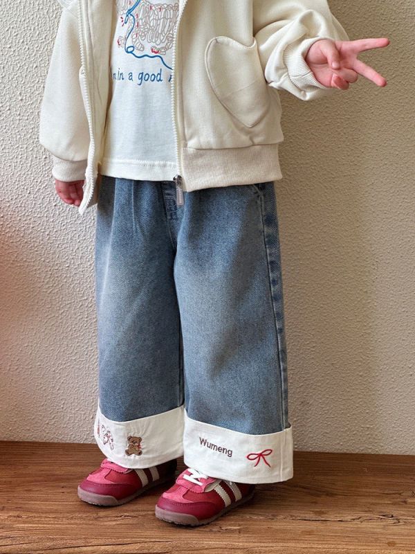 預購秋款女童休閒百搭寬鬆牛仔長褲尺寸80-130 