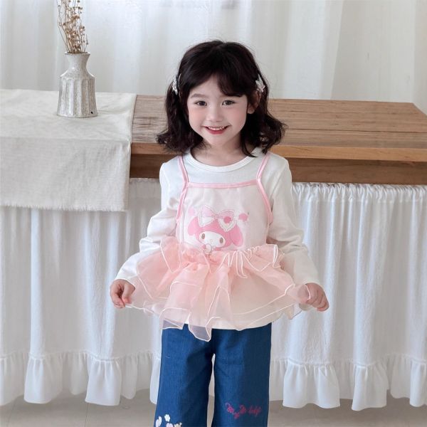 預購秋款女童美樂蒂甜美蝴蝶結網紗上衣真2件式上衣尺寸100-150 