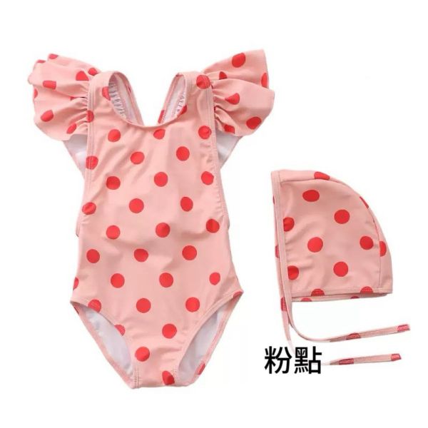 預購寶寶條紋飛邊游泳衣含帽帽 