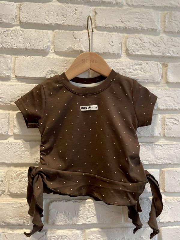 26055-現貨夏款女童簡約點點設計綁帶短版上衣尺寸80-120 