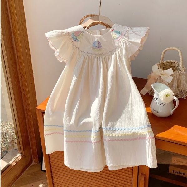 【預購】夏款-女童刺繡帆船海軍風飛袖洋裝 