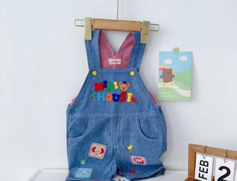 【預購】夏款-日單男女童刺繡熊熊吊帶褲 