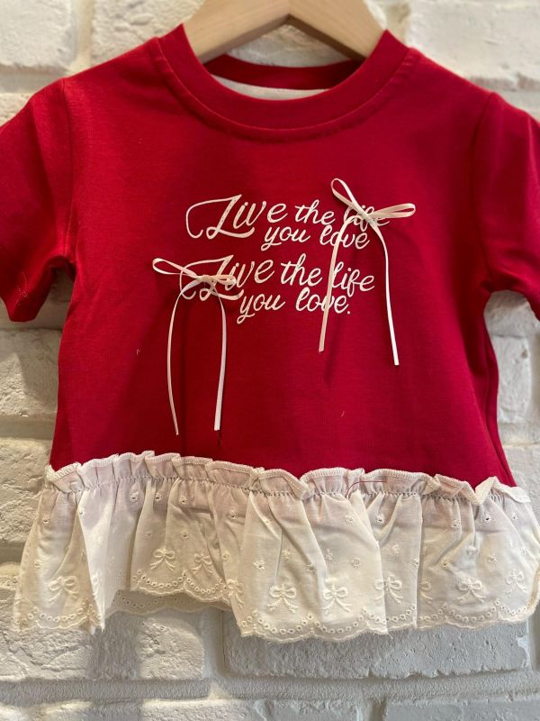 2636-2現貨女童夏款紅色花邊蝴蝶結字母上衣尺寸80-120 