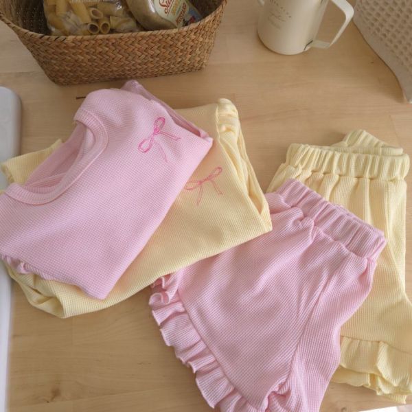 預購ins夏款韓版女童華夫格滾邊刺繡套裝 