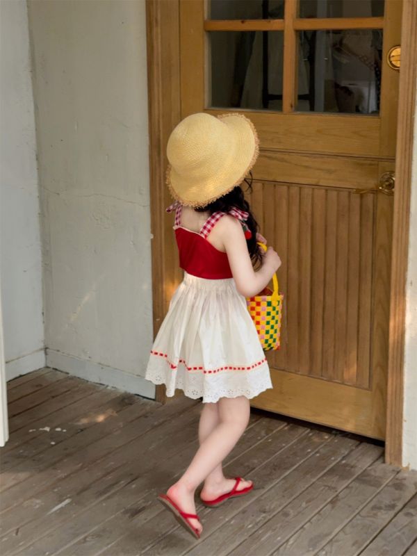 預購夏款女童櫻桃細肩背心花邊裙套裝 
