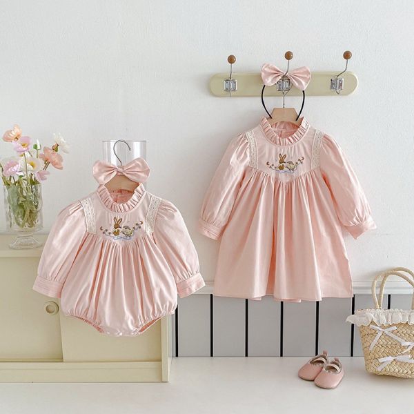 預購秋款女童花邊繡花姐妹裝含髮飾尺寸66-140 