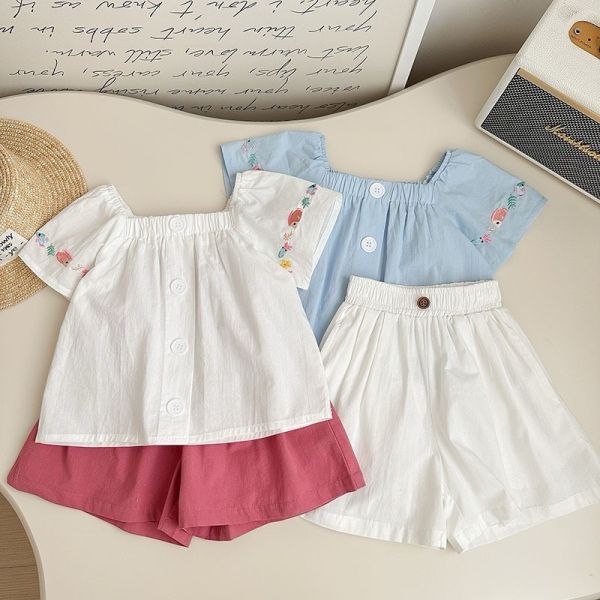 【預購】夏款-刺繡方領襯衫套裝 
