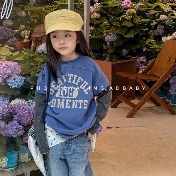 預購秋款男女童美式假兩件上衣尺寸80-130 