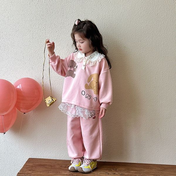 預購秋款女童熊熊蕾絲套裝尺寸80-130 