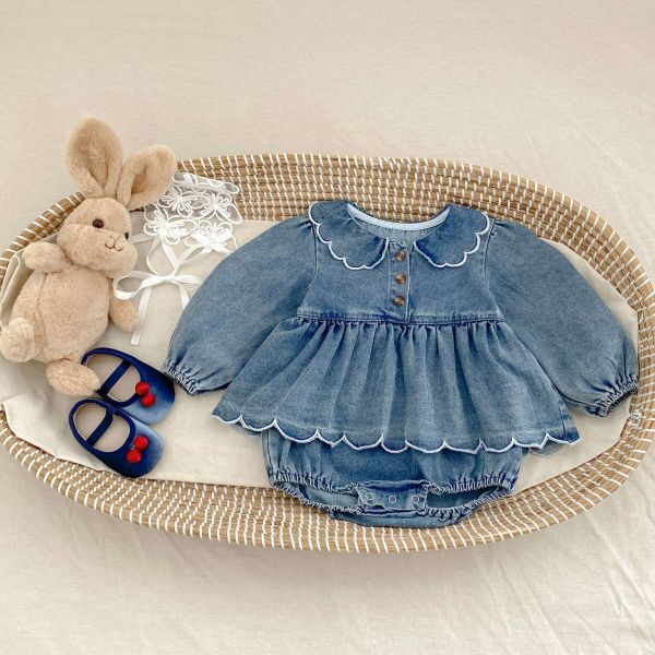 預購秋款女寶花邊牛仔包屁裙尺寸66-90 