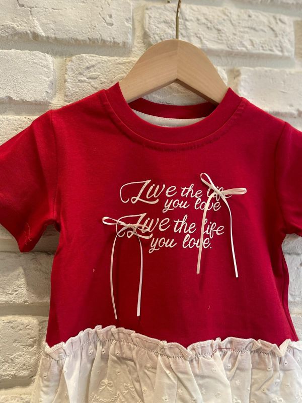 2636-2現貨女童夏款紅色花邊蝴蝶結字母上衣尺寸80-120 