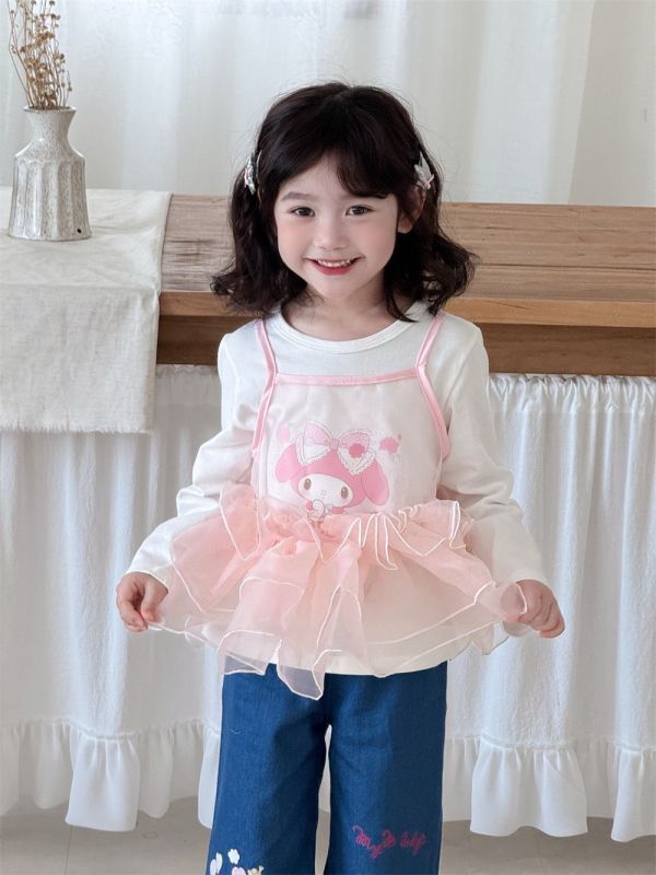 預購秋款女童美樂蒂甜美蝴蝶結網紗上衣真2件式上衣尺寸100-150 