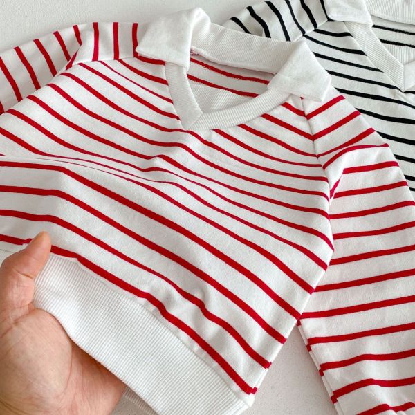 預購秋款男女童Polo立領條紋手足上衣尺寸80-130 