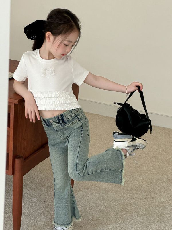 預購秋款女童毛邊美式復古喇叭褲尺寸90-150 