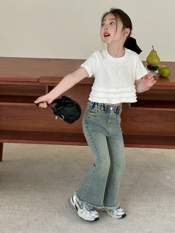 預購秋款女童毛邊美式復古喇叭褲尺寸90-150 