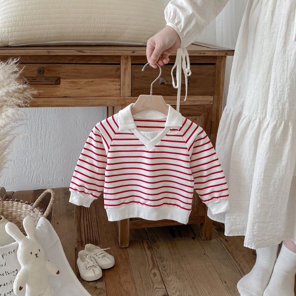 預購秋款男女童Polo立領條紋手足上衣尺寸80-130 