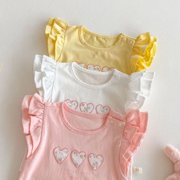 【預購】夏款--夏款女童刺繡愛心飛袖上衣 