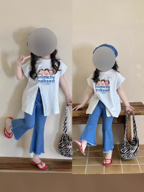 【預購】夏款-女童夏款休閒個性印花不規則短袖套裝 