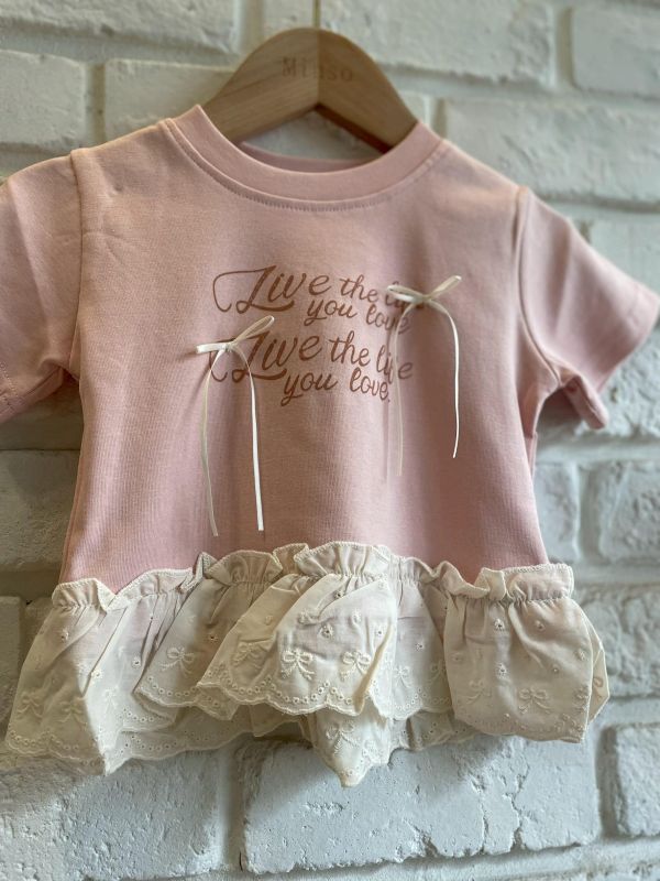 2636-1現貨女童夏款粉色花邊蝴蝶結字母上衣尺寸80-120 