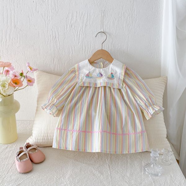 預購秋款女童彩色帆船刺繡海軍風公主裙尺寸80-130 