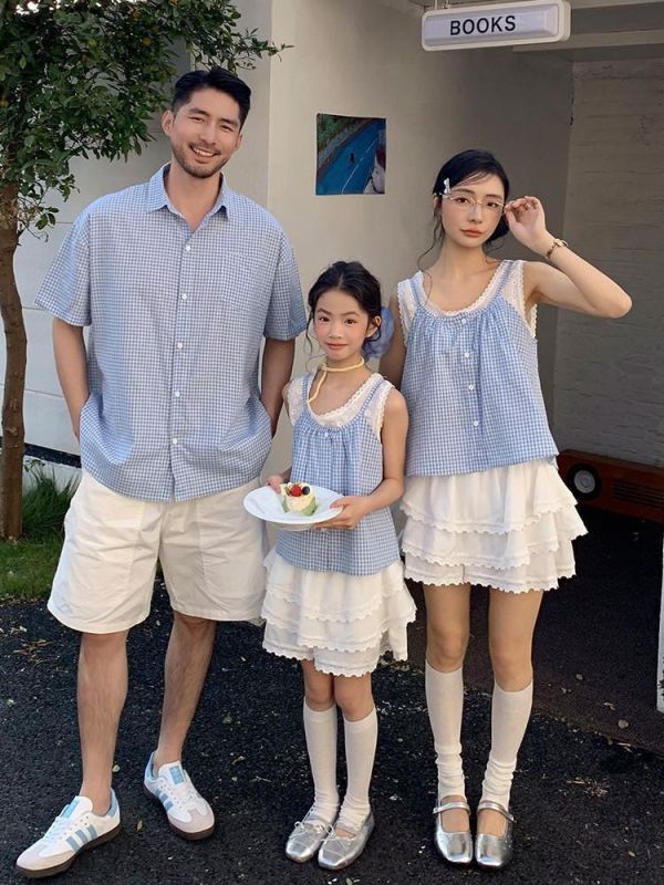 預購夏款格子襯衫母女海邊度假蕾絲短裙套裝親子裝『小孩』 