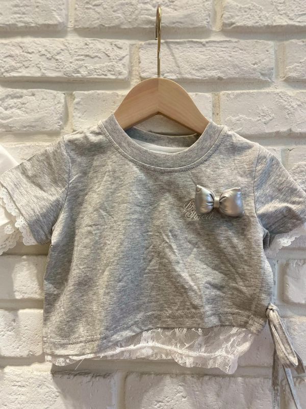 26117-2現貨夏款女童短版灰色立體蝴蝶結蕾絲上衣尺寸80-120 