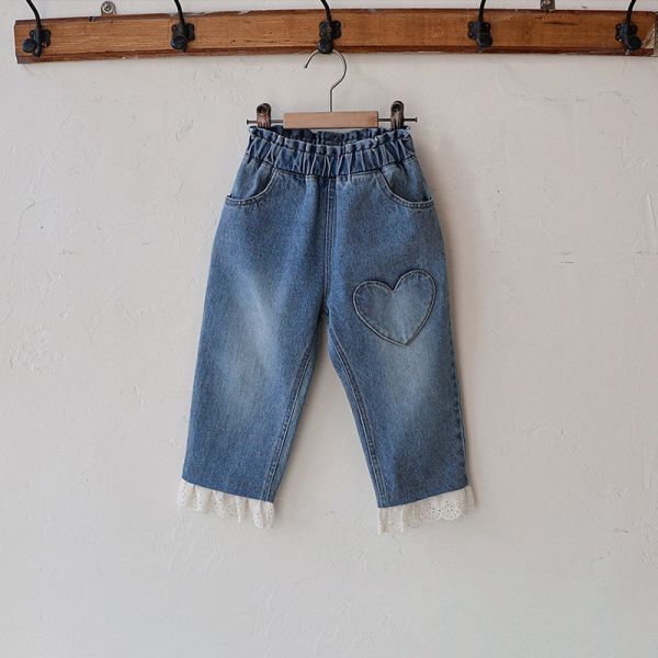 預購秋款女童鬆緊腰蕾絲邊柔軟休閒牛仔褲90-150 