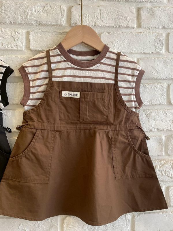 26100-2現貨夏款女童咖色假兩件洋裝上衣尺寸80-120 