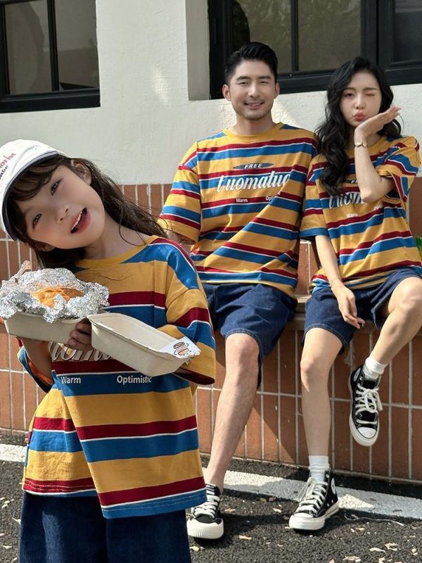 預購夏款高級寬鬆條紋撞色T恤親子裝 