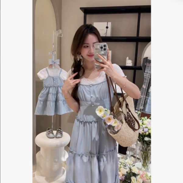 預購夏款花邊法式母女荷葉邊吊帶連衣裙套裝 