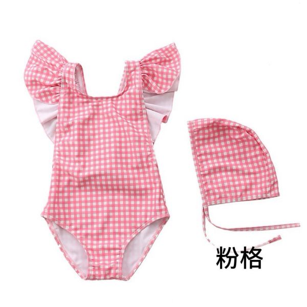 預購寶寶條紋飛邊游泳衣含帽帽 