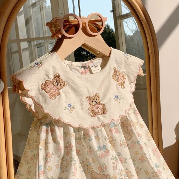 【預購】夏款-女童刺繡熊熊翻領洋裝 
