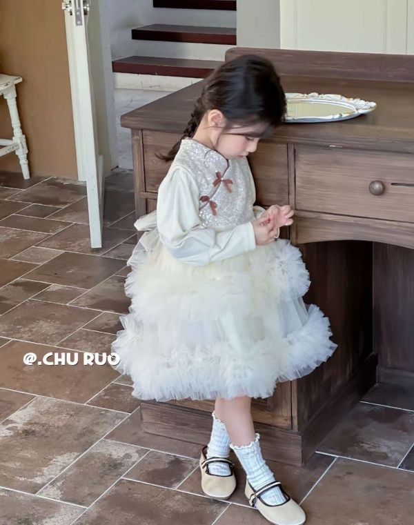 現貨秋款女童旗袍蓬蓬裙套裝附髮飾尺寸90-130附實拍 