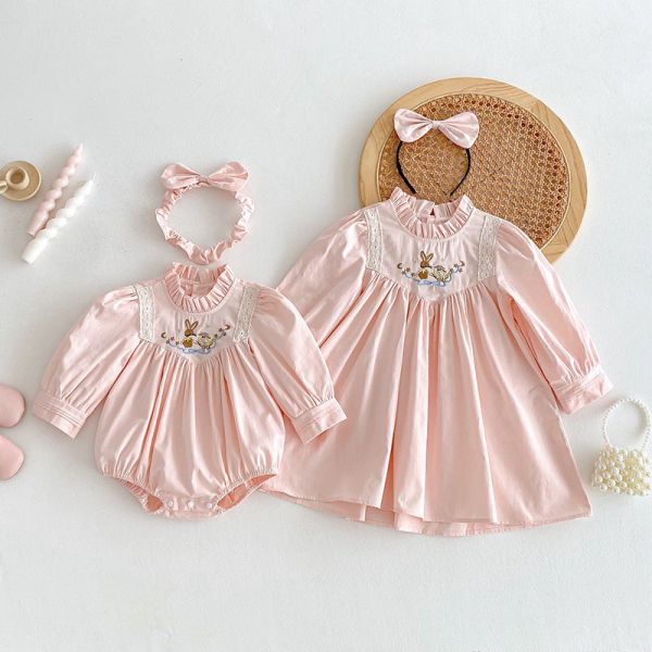 預購秋款女童花邊繡花姐妹裝含髮飾尺寸66-140 