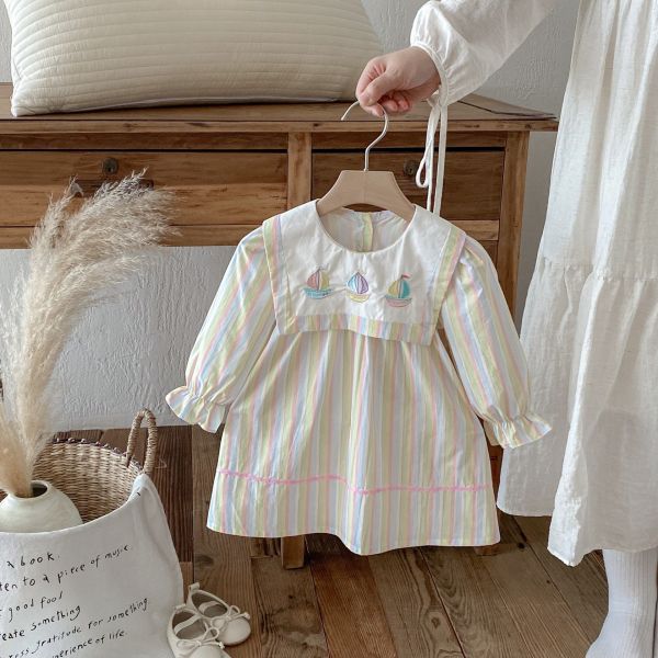 預購秋款女童彩色帆船刺繡海軍風公主裙尺寸80-130 