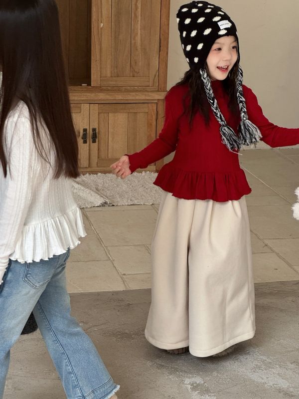 預購秋款女童法式木耳邊針織打底衫上衣尺寸90-150 