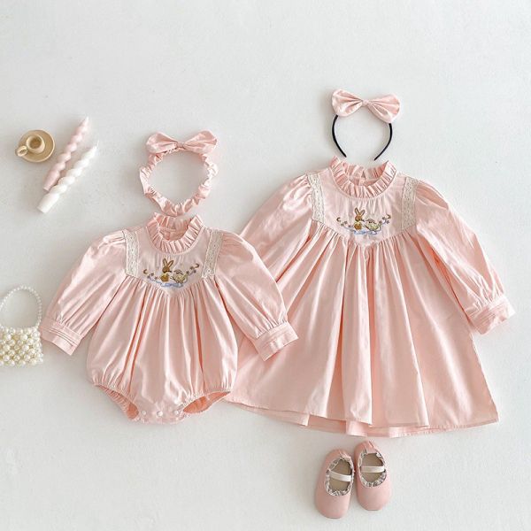 預購秋款女童花邊繡花姐妹裝含髮飾尺寸66-140 