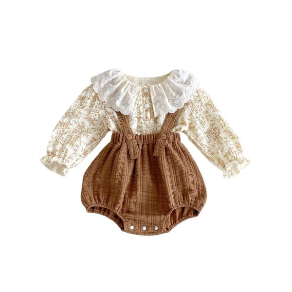 預購秋款女寶碎花吊帶包屁衣套裝尺寸66-90 