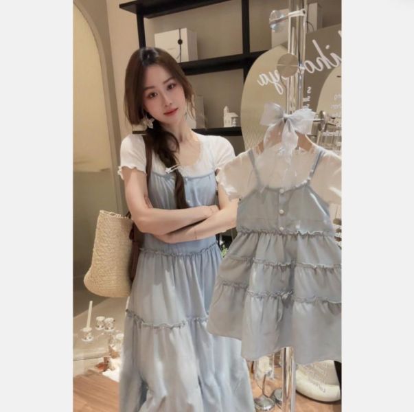 預購夏款花邊法式母女荷葉邊吊帶連衣裙套裝 