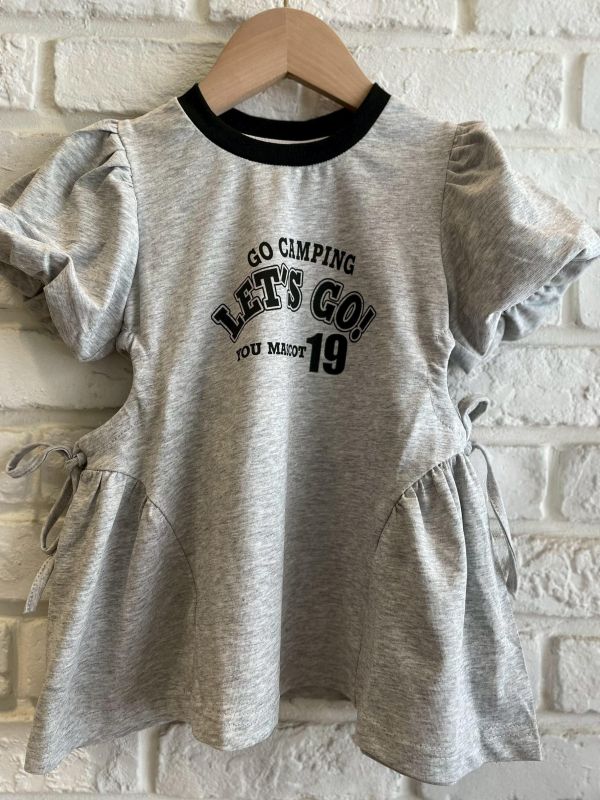 26136-3現貨夏款女童韓系泡泡袖灰色字母側綁洋裝尺寸80-120 