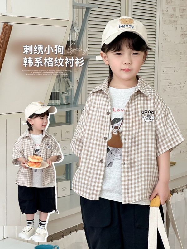 【預購】夏款-男童韓系狗狗字母格紋襯衫 