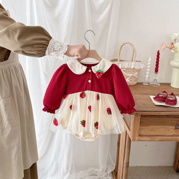 預購秋款女寶草莓網紗包屁衣尺寸66-90 