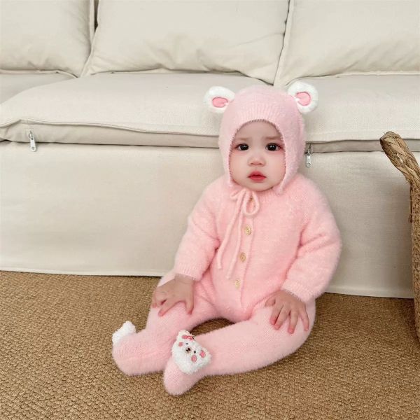 預購秋冬款男女寶毛絨絨耳朵連身衣尺寸66-90 