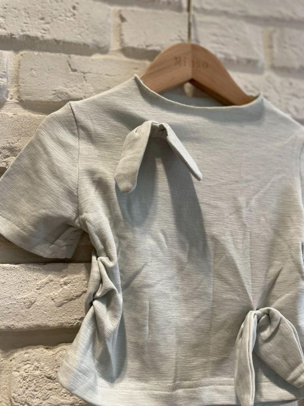 26075-2現貨夏款女童寶寶藍不對稱設計感蝴蝶結短版上衣尺寸80-120 