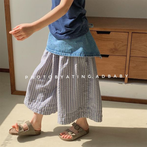 【預購】夏款--男女童條紋設計款七分寬褲 