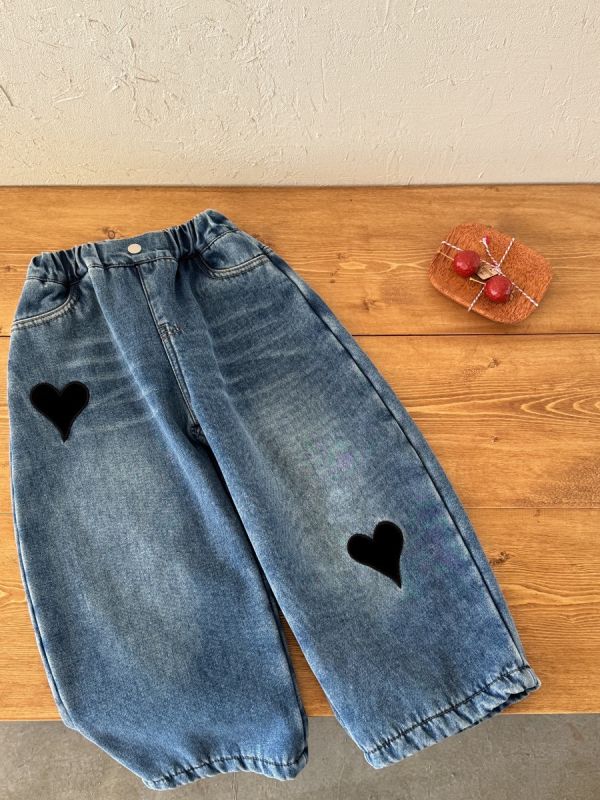 預購冬款女童加絨彎刀褲刺繡愛心闊腿長褲尺寸90-150 