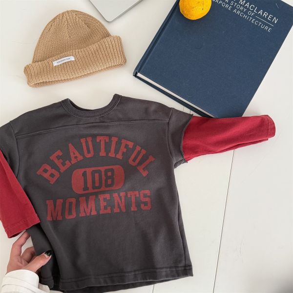 預購秋款男女童美式假兩件上衣尺寸80-130 