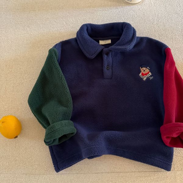 預購冬款男童熊熊拼色polo搖粒絨上衣尺寸90-140 
