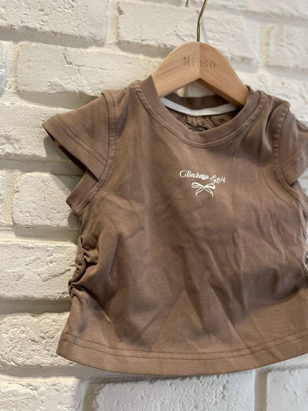 26185-2現貨夏款女童字母設計感咖色蝴蝶結露背上衣尺寸80-120 