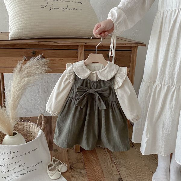 預購秋款女童韓版燈芯絨娃娃領背心裙套裝尺寸80-130 